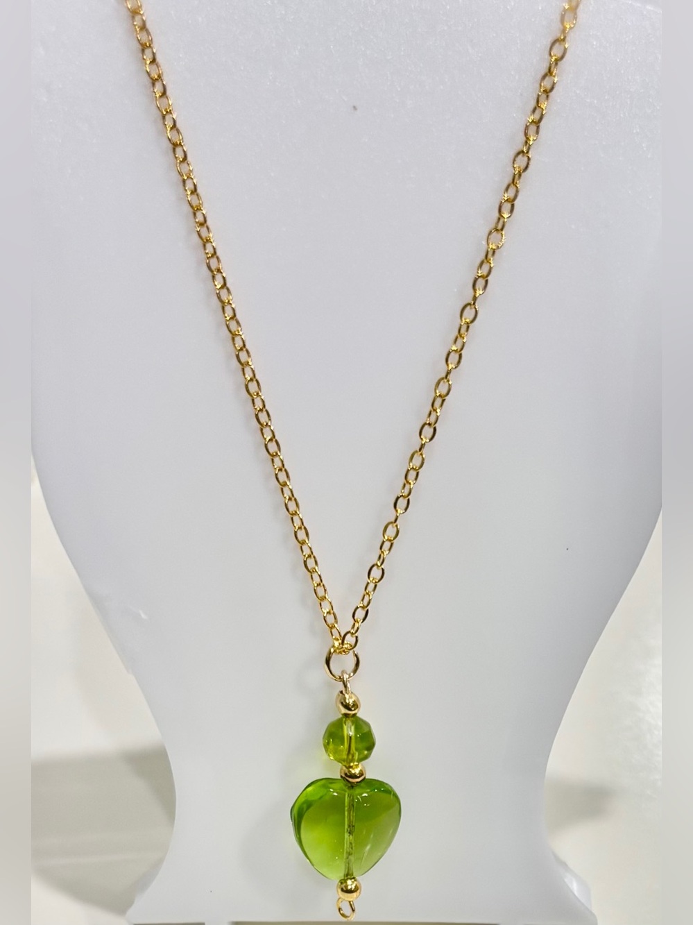 Handmade Gold Toned Chain Necklace with Green Glass Heart Pendant